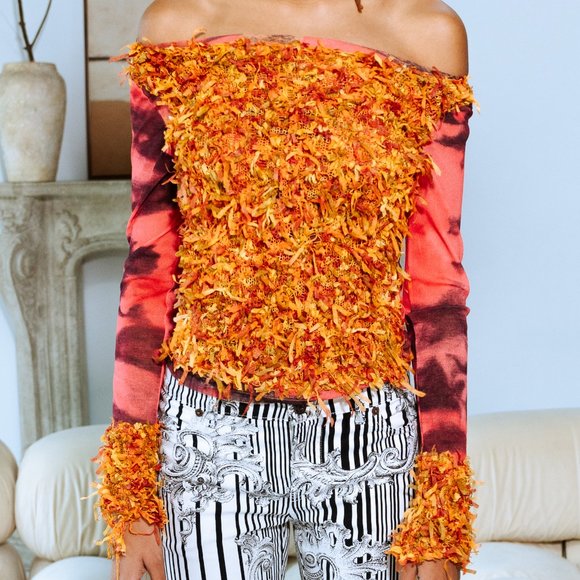 SONIA FORTUNA ORANGE AND BORDEAUX FAUX OSTRICH LONG SLEEVE TOP - Picture 1 of 3